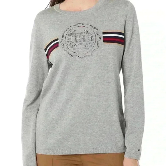 NWOT Women's Tommy Hilfiger Rhinestone Logo  Long Sleeve Crew Grey Size Medium - Picture 1 of 10